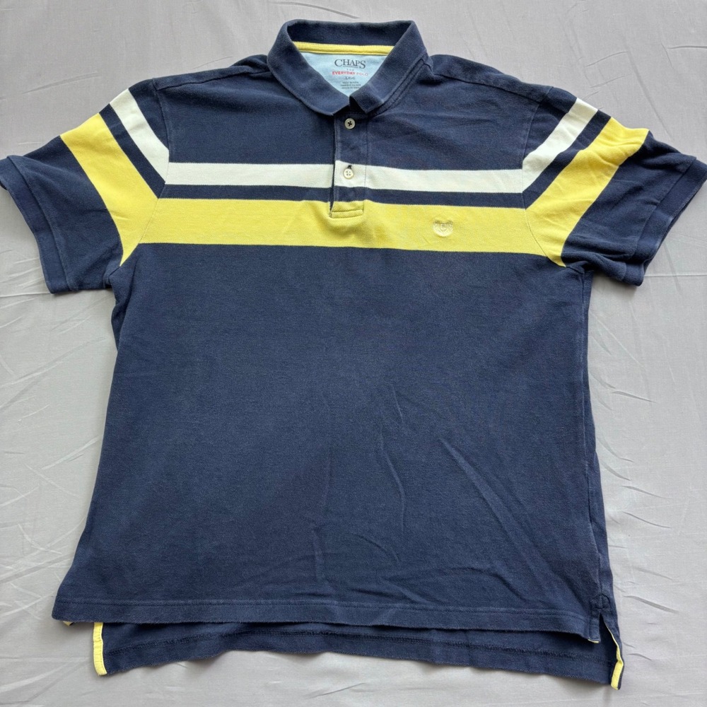 Chaps Everyday Polo Mens Large Navy Blue Yellow White Striped Pique Shirt L
